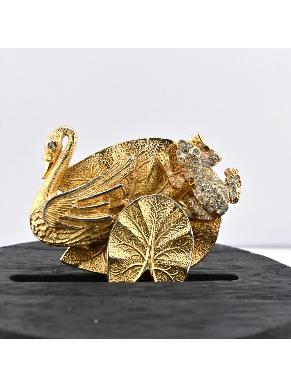 Vintage Kirks Folly Gold Tone Swan Brooch Pin Clear Rhinestone READ!